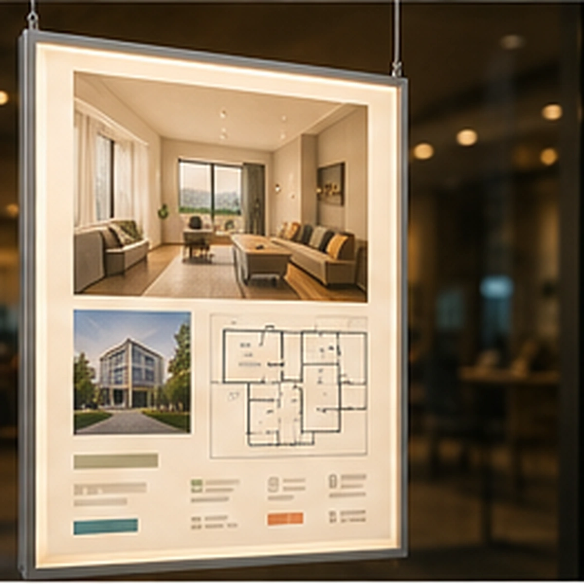 面で均一に光る導光板で、物件情報などの印刷面を見せる製作イメージ