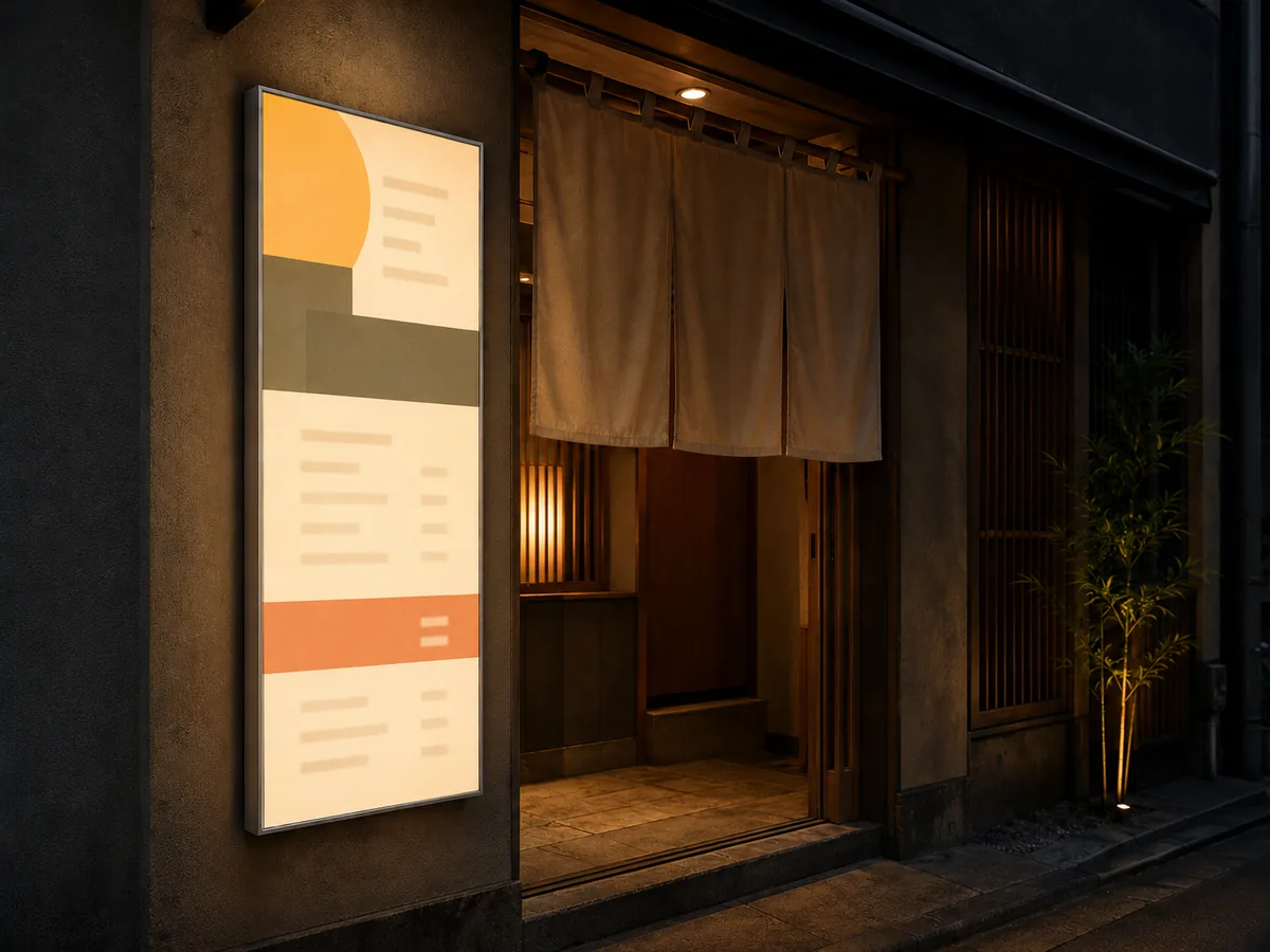 店先の壁面に取り付けた、縦型の光るメニューパネルの製作イメージ